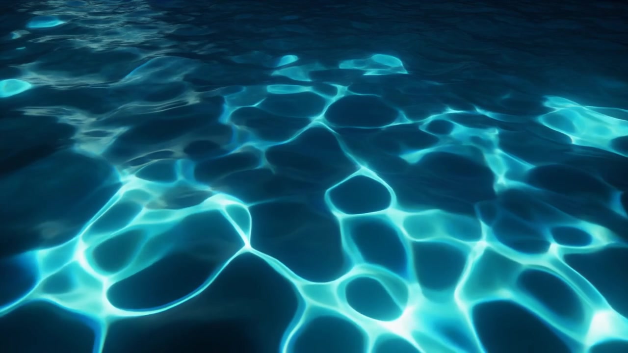 Superficie d'acqua increspata astratta con caustiche blu luminose