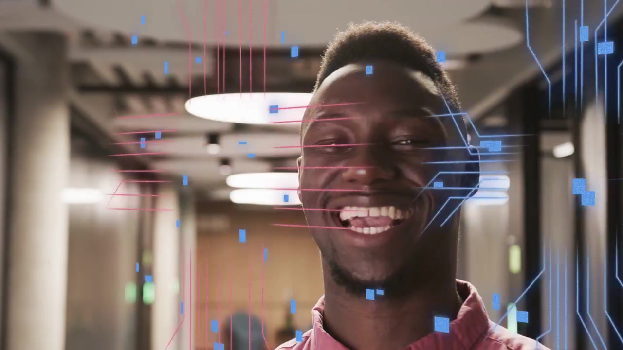 Tech data overlays appearing over face man in pink raising head, smiling, laughing then receding