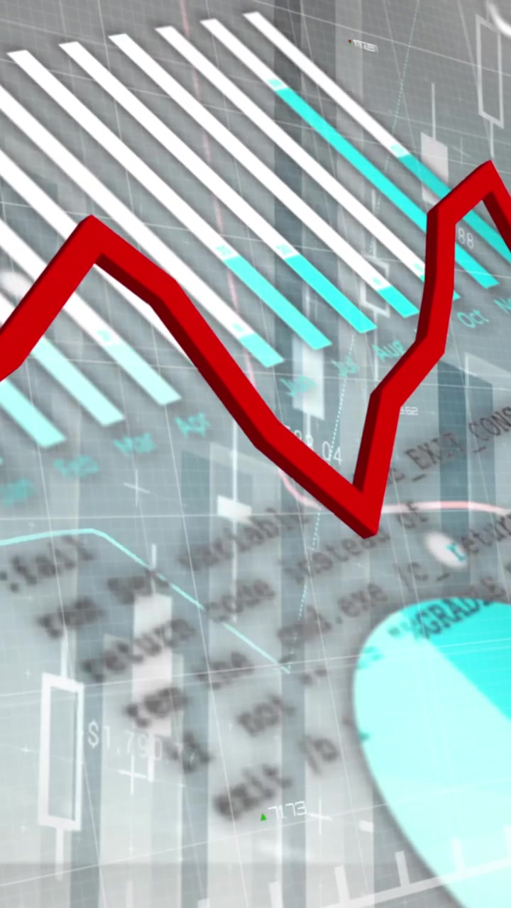 Animation of statistics and financial data processing with red line over grid