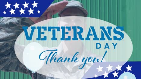 Animation-of-veterans-day-thank-you-text-over-soldier-saluting