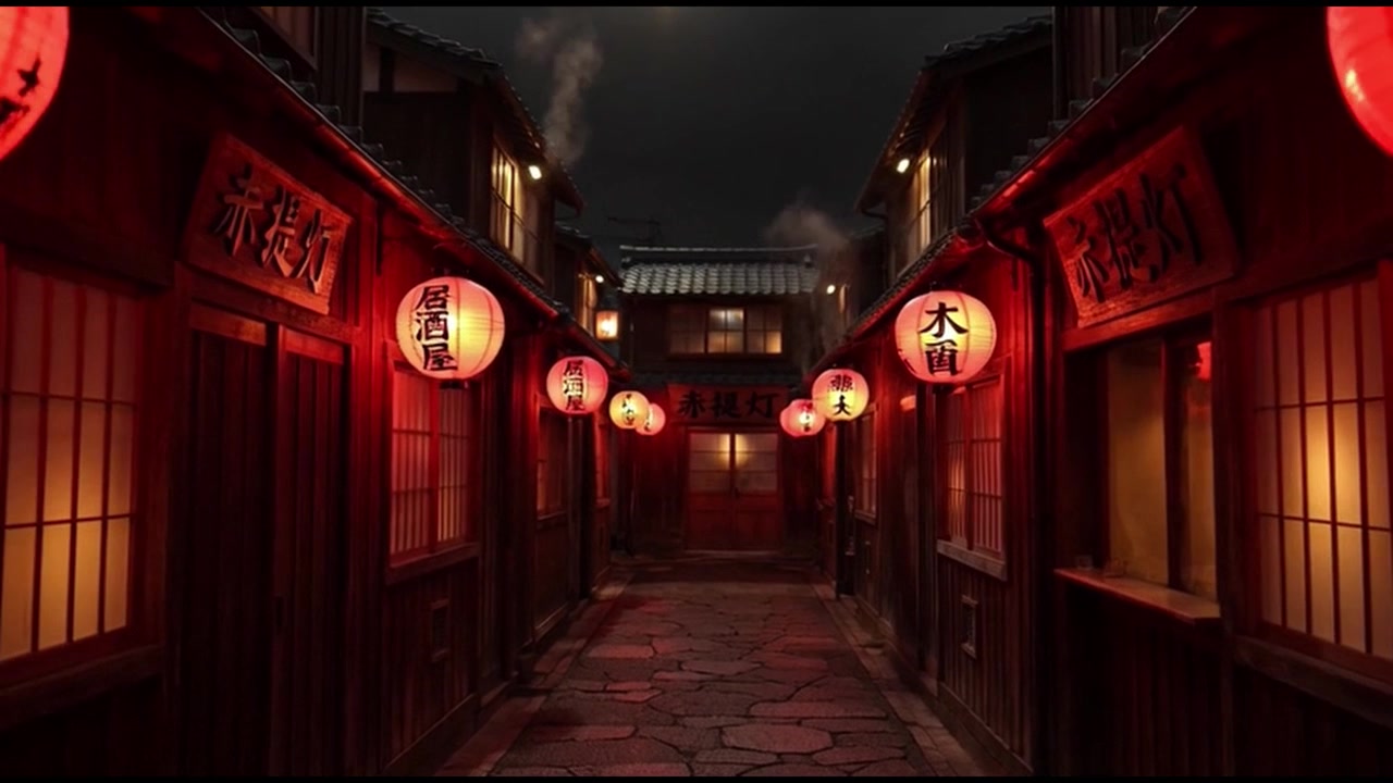 Smal traditionel japansk gyde om natten med glødende røde lanterner