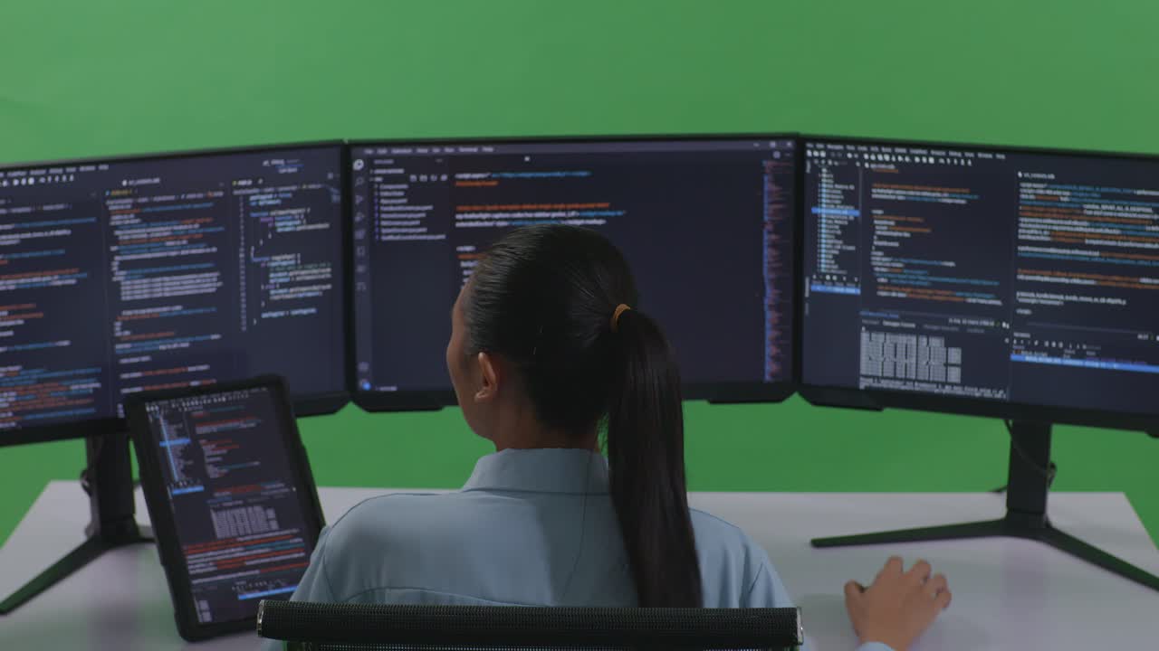 Back View Of Asian Woman Developer Working With Tablet While Write Code With Multiple Computer Screens In Green Screen Studio