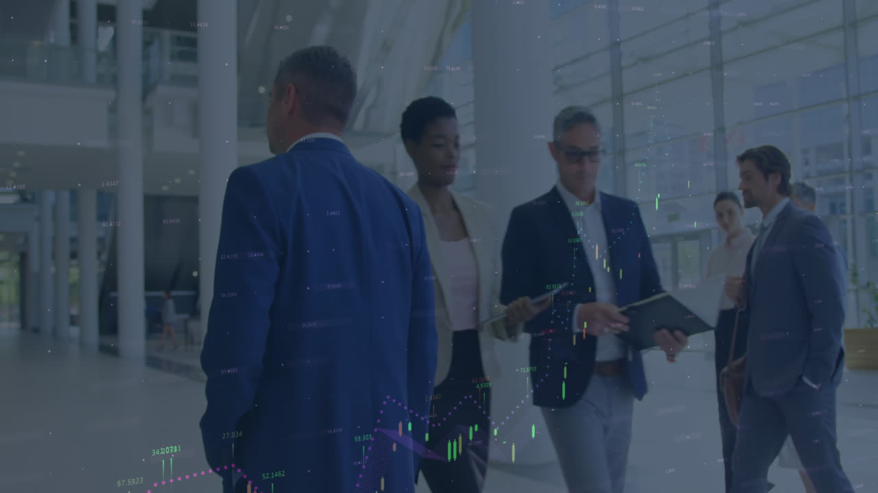 Animation of financial statistics processing over business people