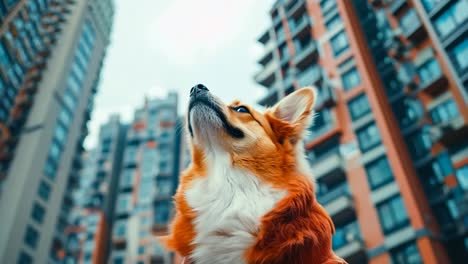 a dog looking up at the sky in front of tall buildings