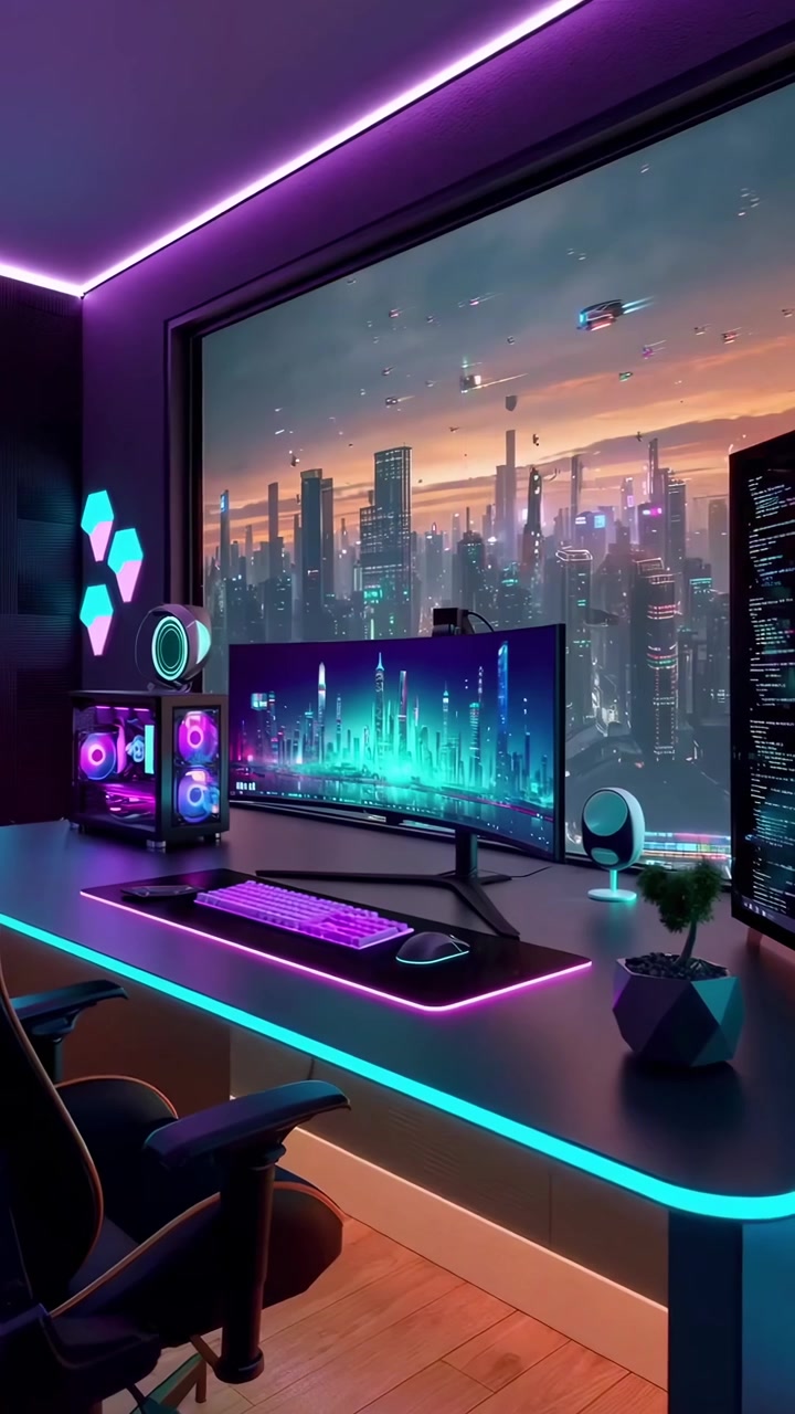 Postazione gaming futuristica con panorama cyberpunk