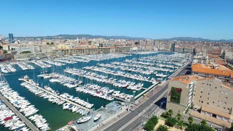 Aerial-of-France,-Cote-d'azur,-Menton,-Old-Port-of-Marseille-and-sea-in-French-riviera