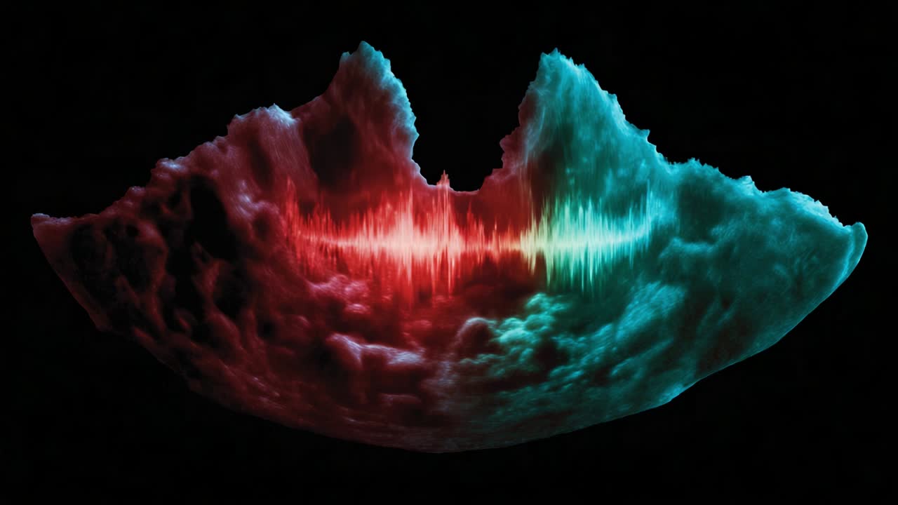 Vibrant Visualization of Audio Frequencies Represented in Colorful Waveform Patterns Emerging from a Dynamic Cloud Structure in Dark Background