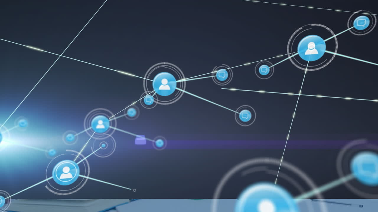 Digital animation of network of connections against spot of light on purple background