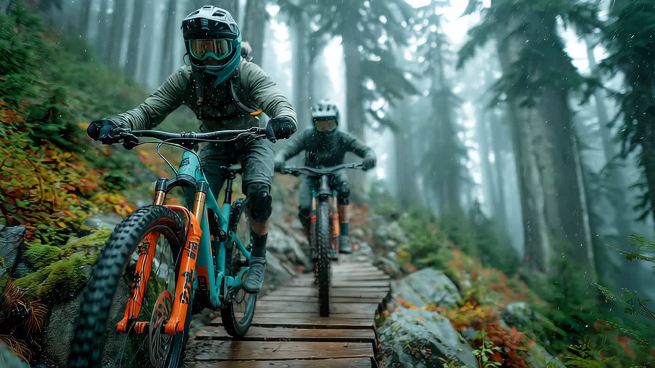 Exploring the woods mountain biking adventure in misty forest