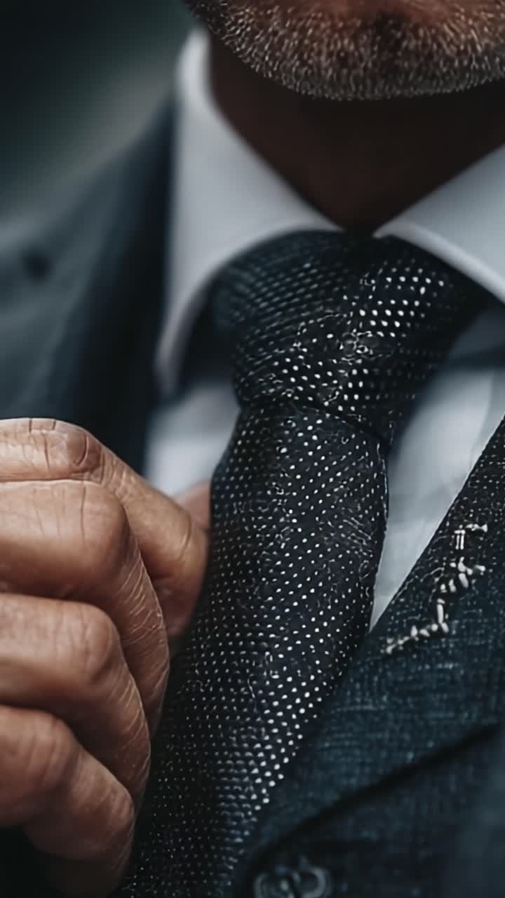 Individu Berpakaian Elegan Menyesuaikan Dasinya Sambil Memancarkan Kepercayaan Diri dalam Setelan Jas yang Pas, Menyoroti Kecanggihan dan Perhatian terhadap Detail dalam Mode Modern