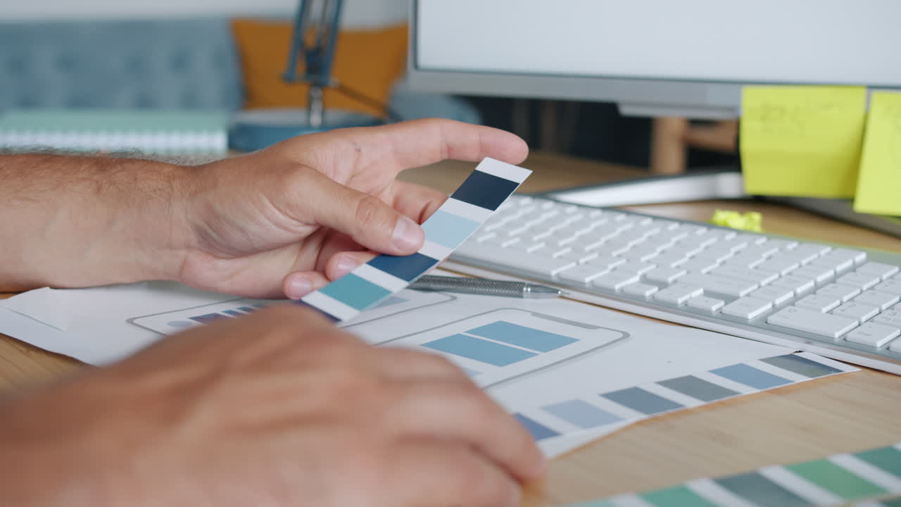 Designer reviewing color palettes for mobile app UI