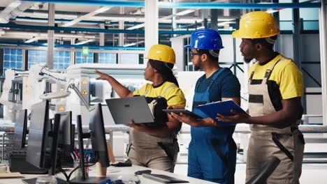 vertical video all black inspectors team in photovoltaics factory look over documents