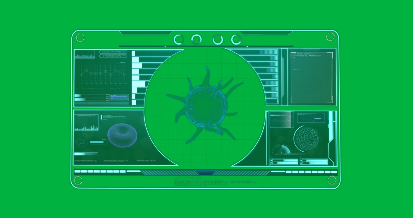 Animation of covid 19 cell and medical data processing on screen