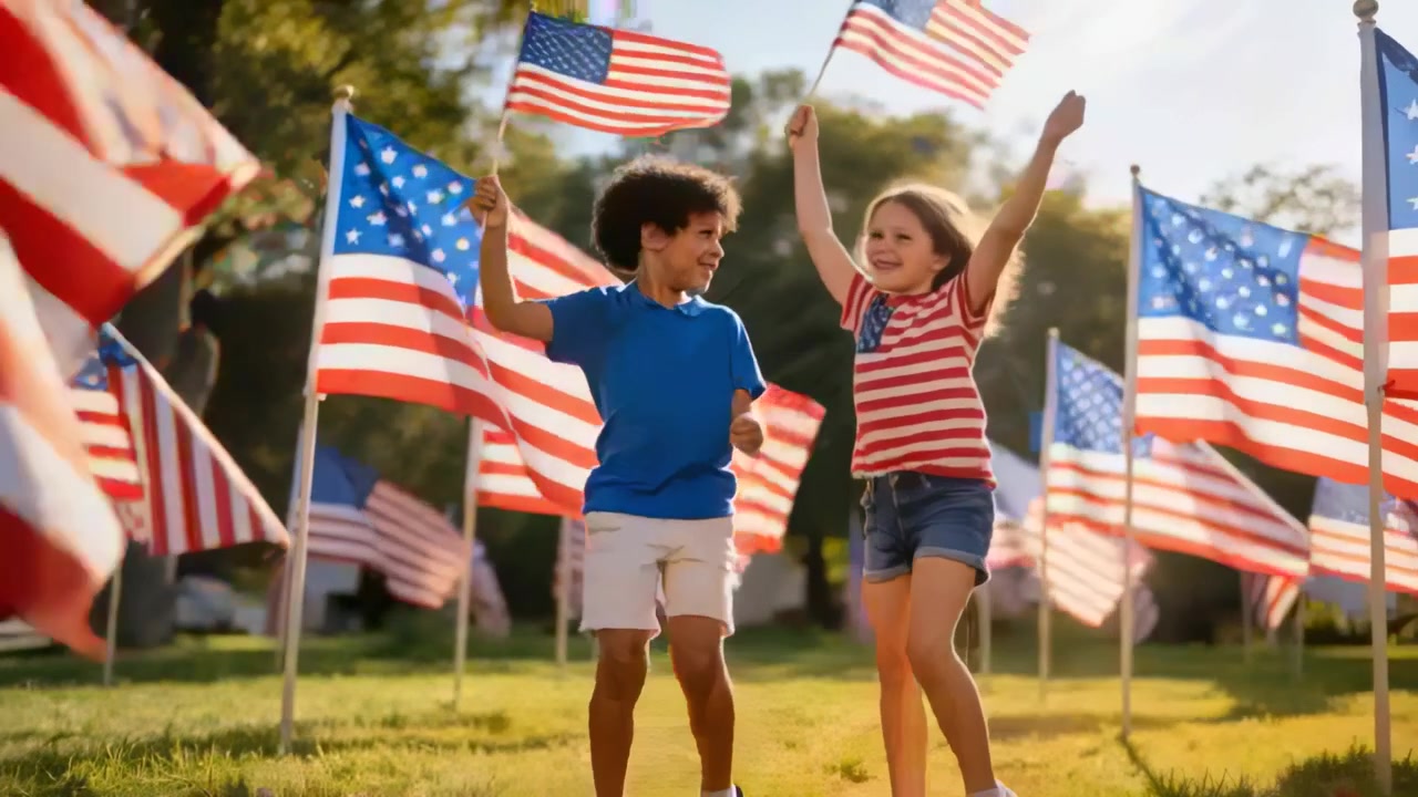 Beginning running, kids in blue and red shirts moving through front lawn, waving American flags