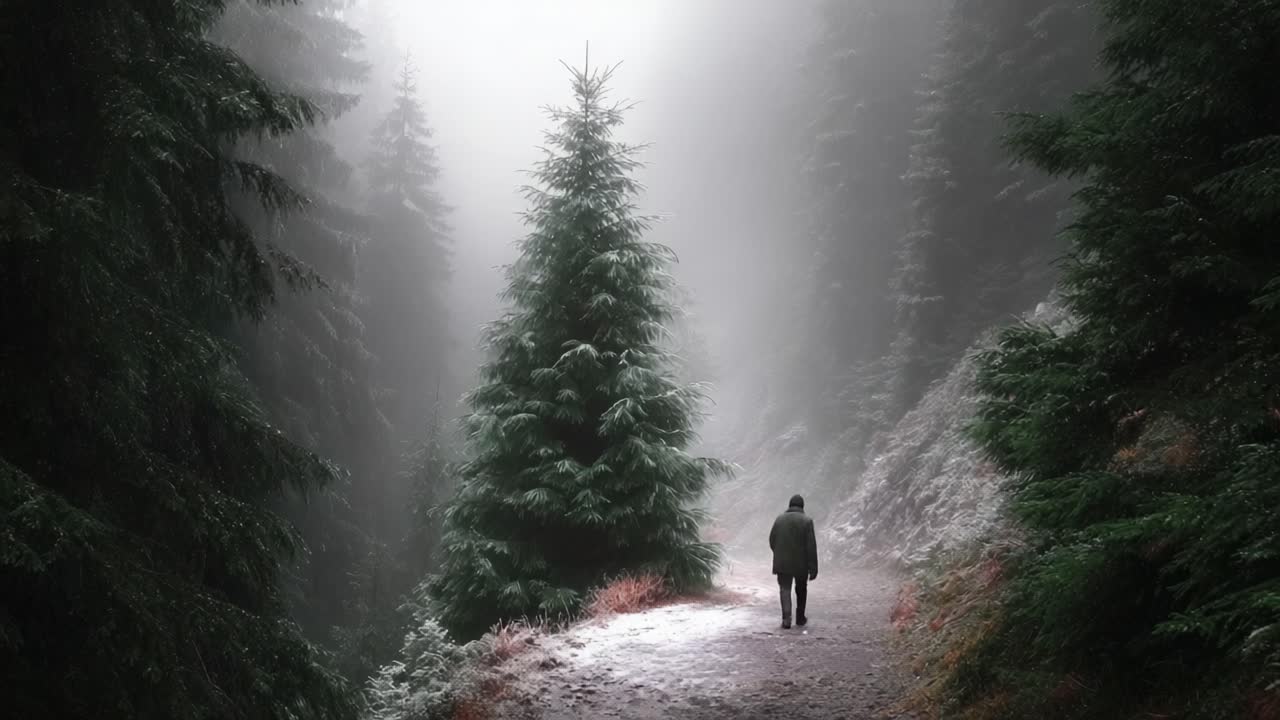 A solitary figure traverses a misty forest path, surrounded by towering evergreen trees and enveloped in a serene, foggy atmosphere, capturing the essence of solitude and nature