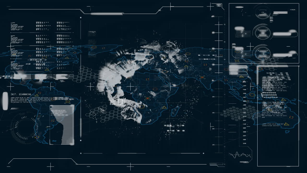 Animation of statistics and financial data processing over black background