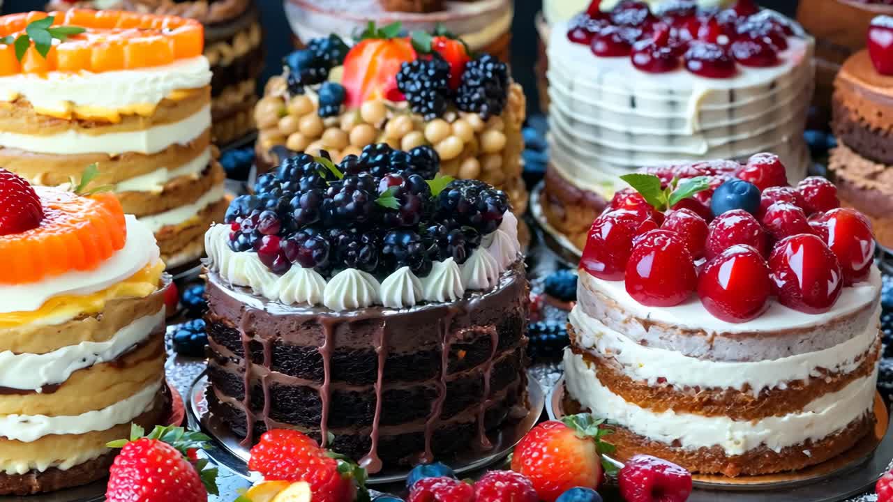 A variety of cakes with different toppings on a table