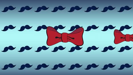 animation of red bowties over repeated moustaches on blue background