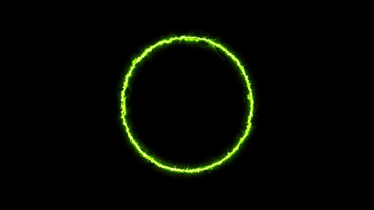 anillo amarillo de relámpago, energía neón un fondo negro. círculo de energía abstracta con descargas de rayo. gradualmente, un anillo amarilo apareció y un resplandor constante en el círculo. 4k.