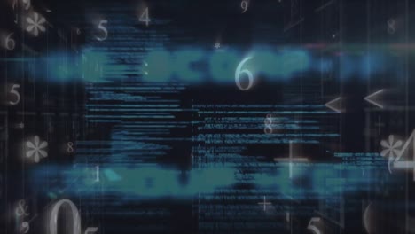 Mathematical numbers and symbols falling against data processing