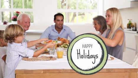 happy holidays text and multi generation family having food 4k