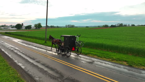 low aerial tracking shot of amish horse and buggy