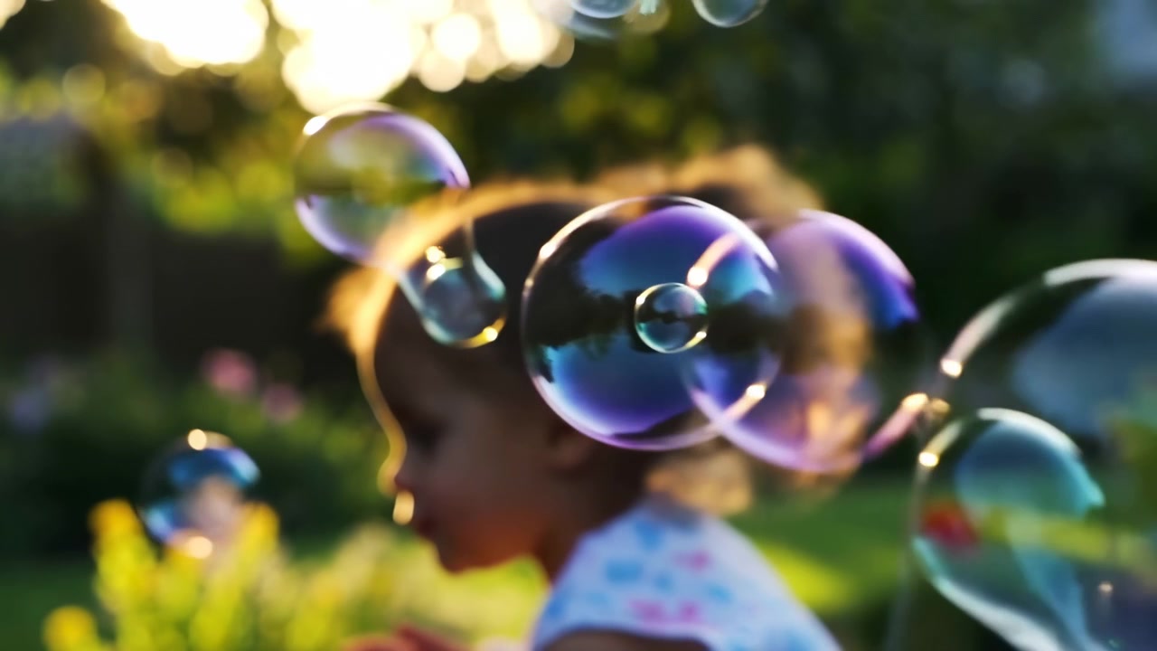 Transparent soap bubbles float across the foreground in a bright garden, while a blurred child stands in the background under warm sunlight and soft bokeh