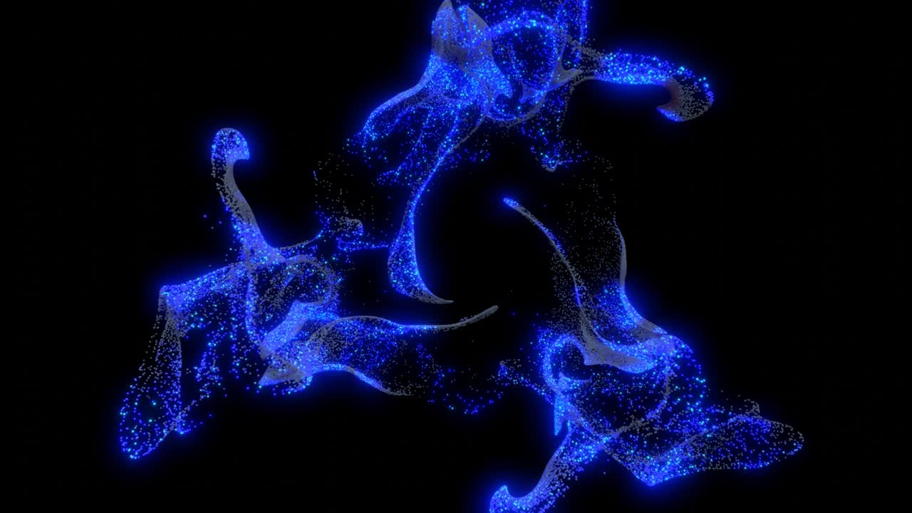 beautiful transform of object from particles in force field into abstract beautiful art object of glow particles, beautiful pattern in air, bend surface and curls structure. 3d art performance as bg