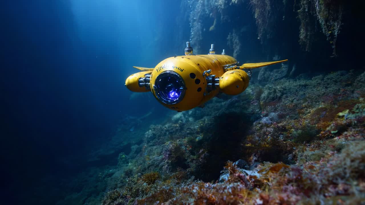 Esplorando le profondità: un vivace drone sottomarino giallo cattura i misteri del fondale oceanico con straordinaria chiarezza e dettaglio sotto le onde