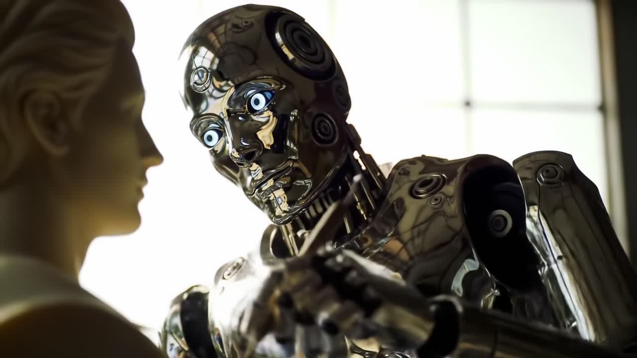 An Intriguing Interaction Between a Highly Detailed Robot and a Human-like Figure, Capturing a Moment of Artistic Creation and Technological Innovation