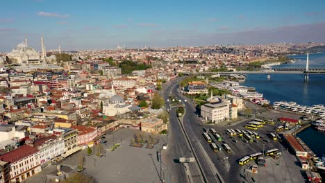 aerial view golden horn, eminonu square and new mosque, from istanbul at covid-19 pandemic curfew.