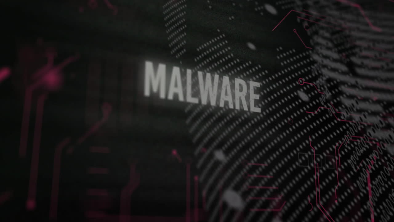 animación del procesamiento de datos digitales y conexiones con texto de malware
