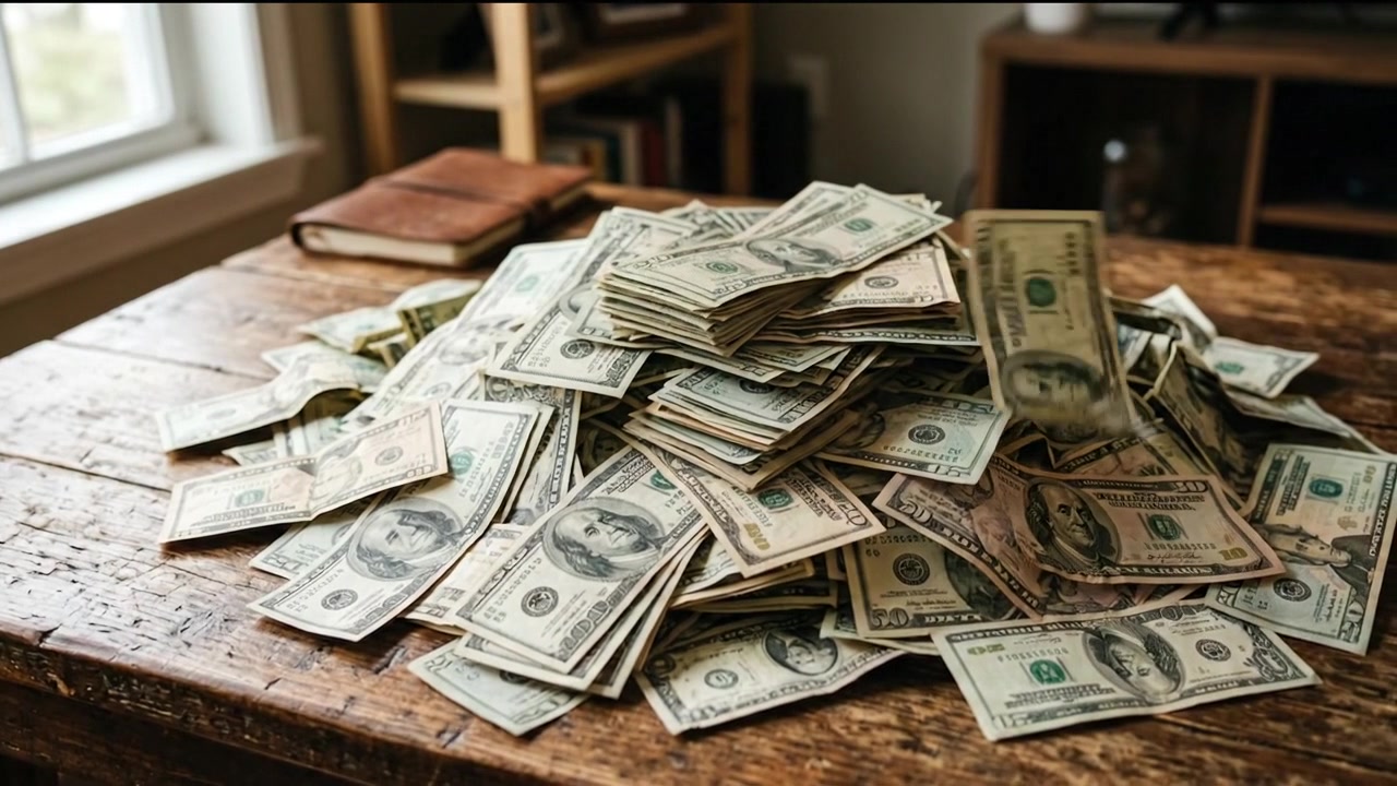 Commercial scattered United States currency notes covering a tabletop in a modern professional concept
