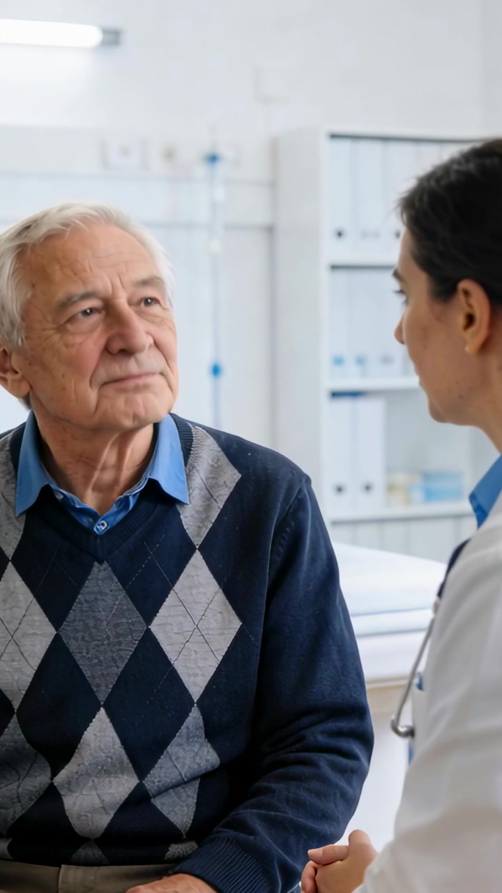 Video verticale: Paziente sorridente che inizia la visita, gesticolando e discutendo le cure con il medico.