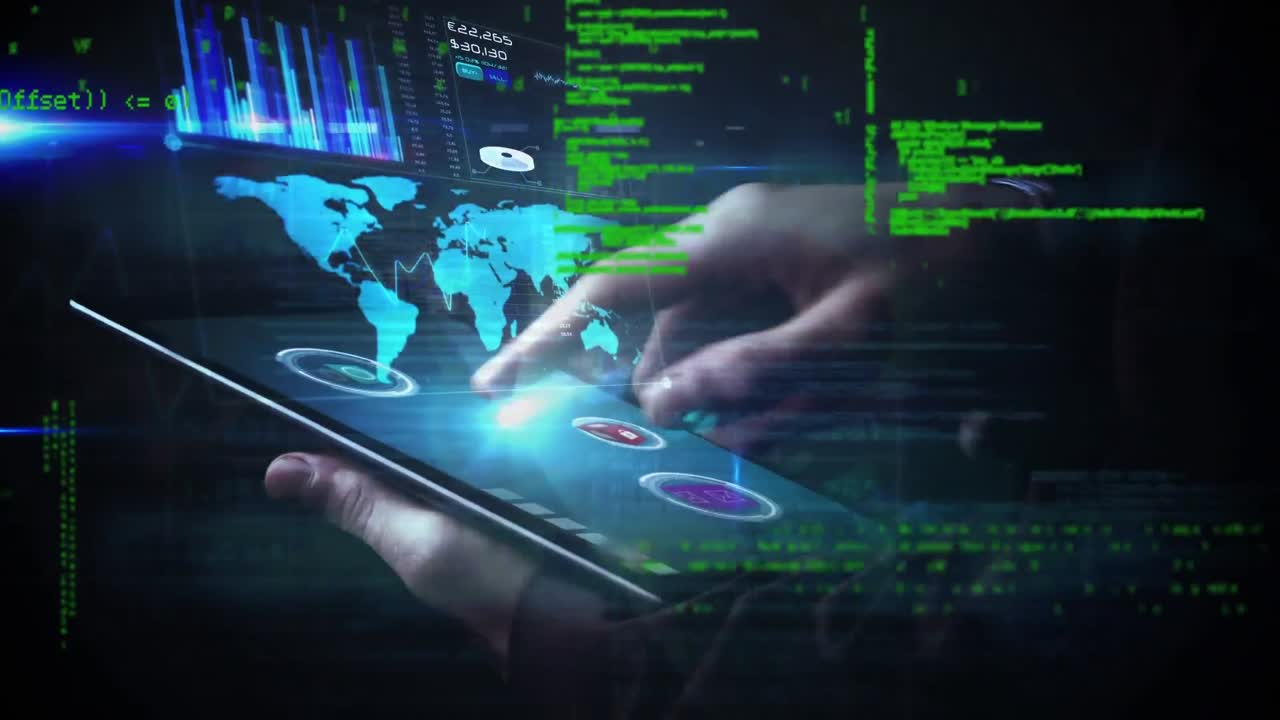 Man using digital tablet and program codes