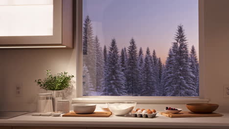baking ingredients on a kitchen counter with a snowy forest view at dusk