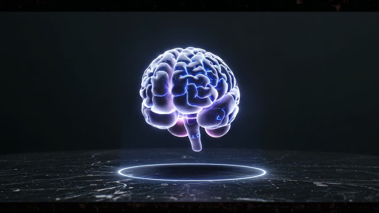 Materializing 3D brain hologram rotating above lit platform over grid floor, revealing structure