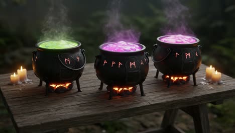 Three Enchanting Cauldrons Steaming with Mysterious, Colorful Potions Amidst Flickering Candlelight in a Mystical Forest Setting