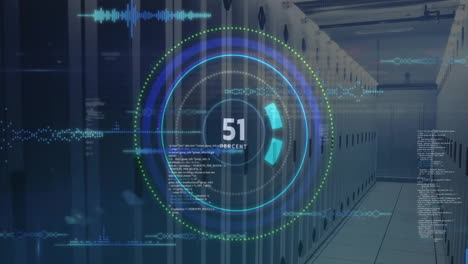 animación del escaneo del alcance y el procesamiento de datos sobre la sala del servidor