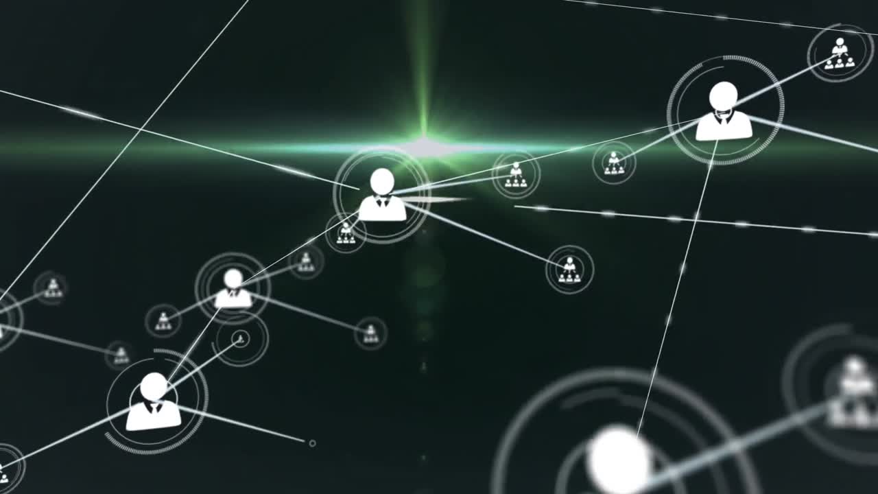 Animation of network of connections with digital people icons over green light