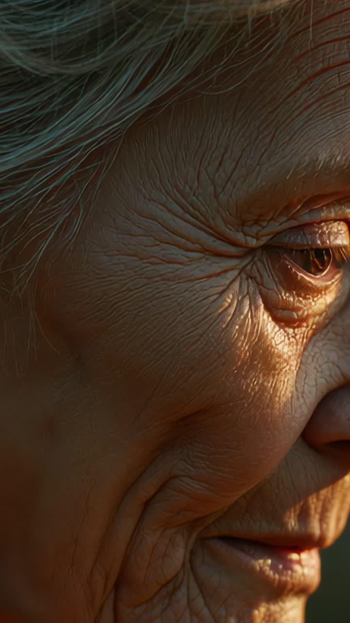 Vertical video: Opening shot showing elderly profile in studio lighting, highlighting wrinkles