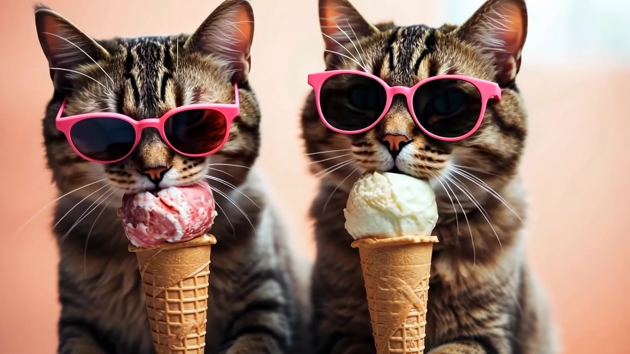 Gatti adorabili con occhiali da sole rosa che leccano coni gelato