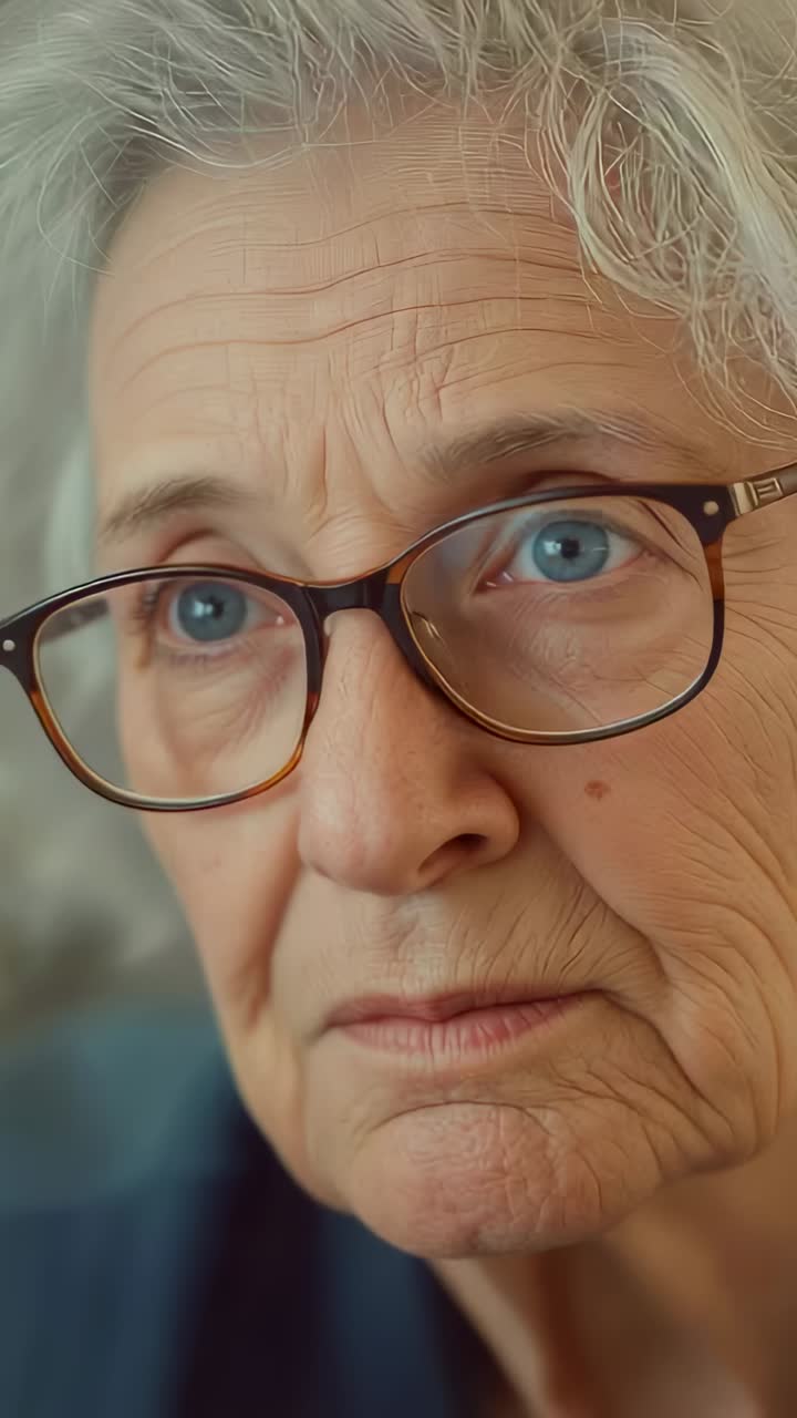 Vertical video: Camera focusing senior woman gazing at home musing with specs and dark top
