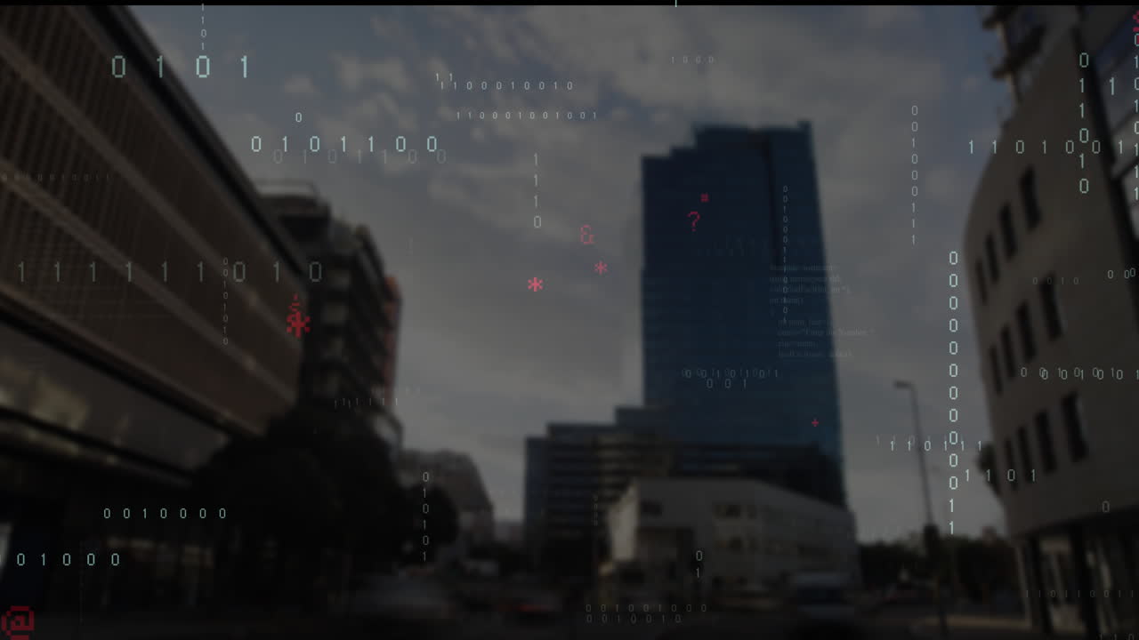 Blue skyscraper rising in urban street floating binary code with red asterisks and question mark