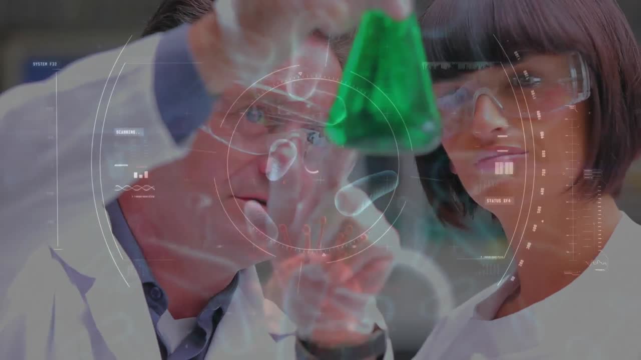 científicos estudiando un líquido verde