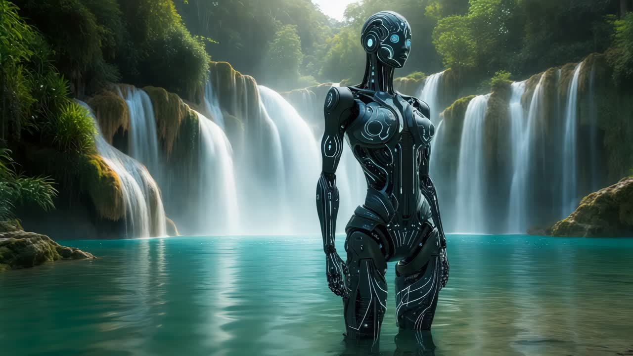 robot en un paisaje de cascada