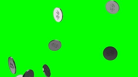 silver coins falling over green background.