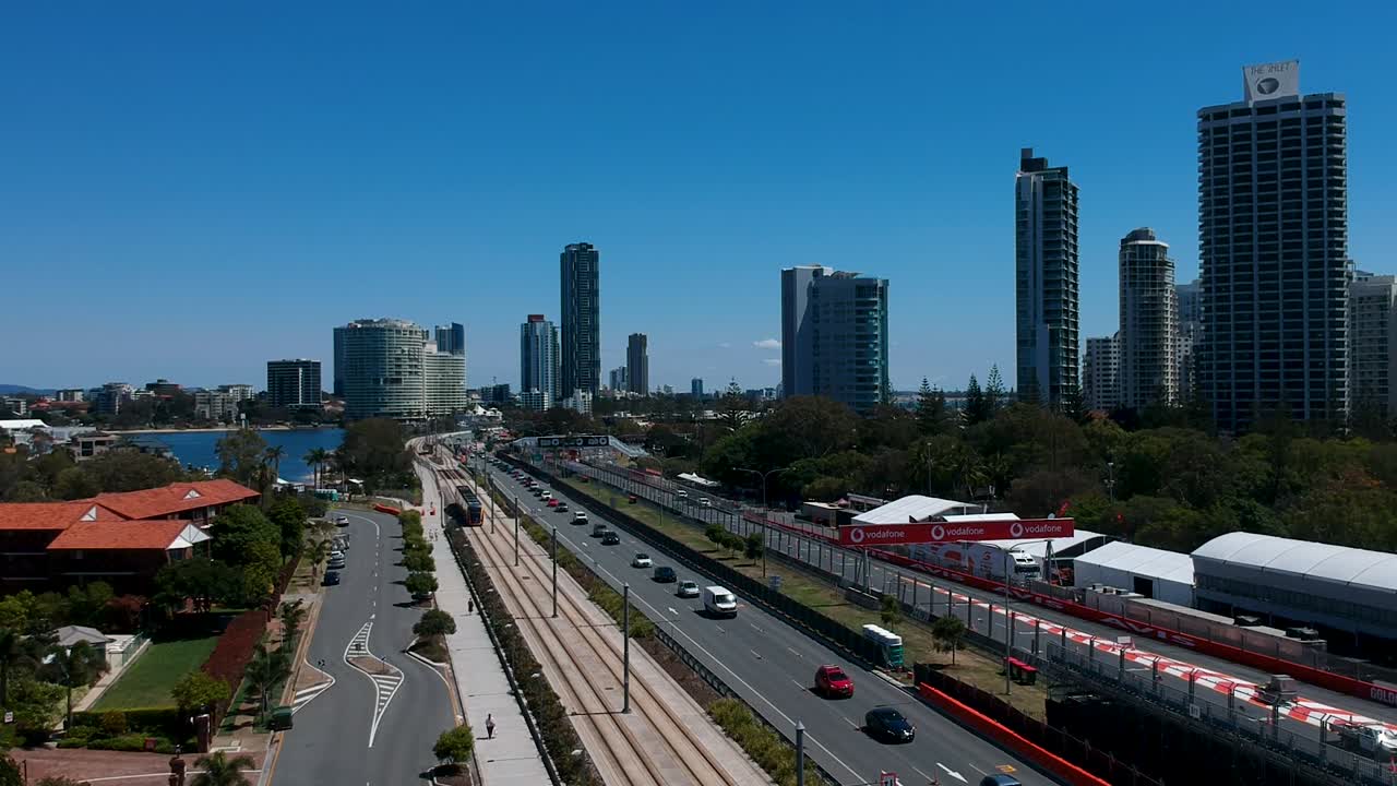Aerial view of the Gold Coast 600 Supercars Championships showing the street circuit close to the beach and main highway