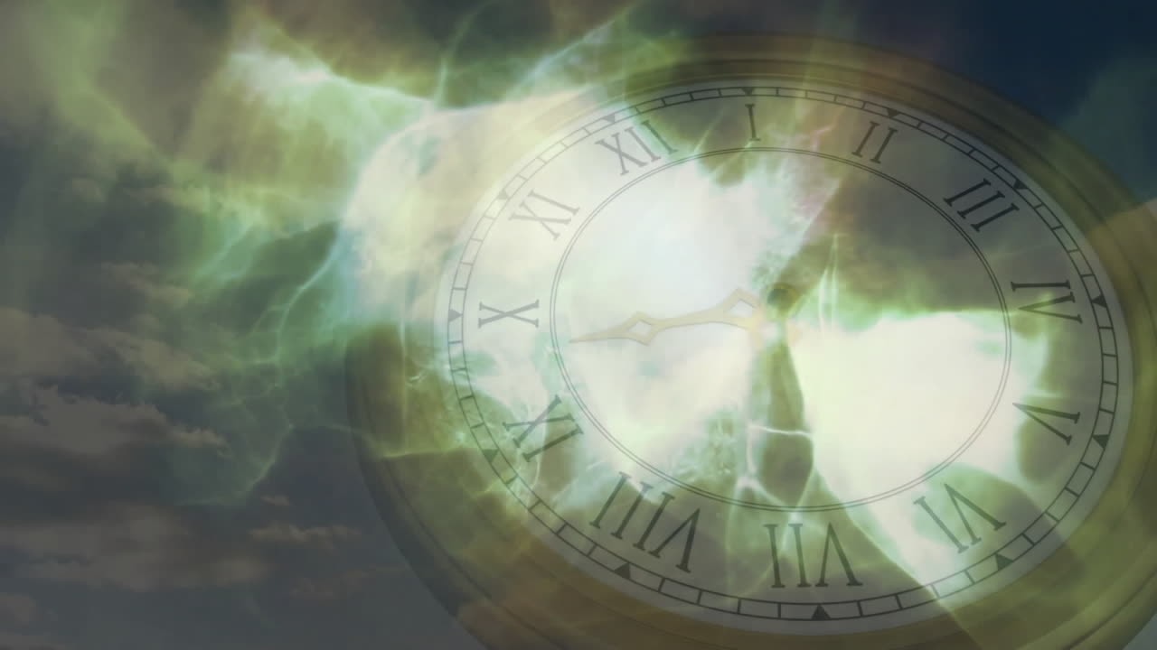 Animation of clock face over swirling green and yellow abstract light patterns
