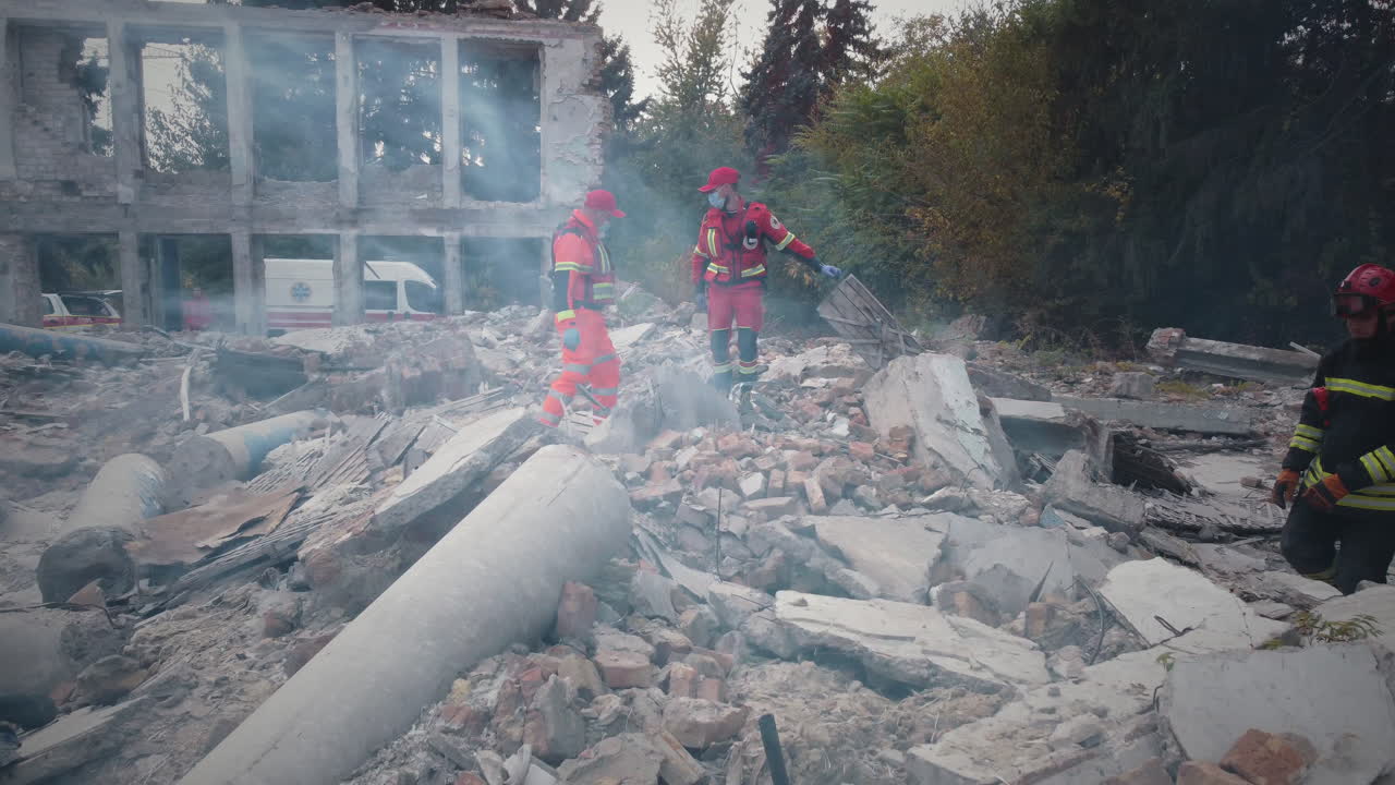 Rescue Workers at a Damaged Building